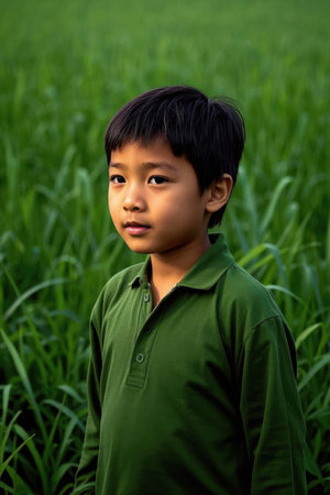 Boy in green shirt in rice fieldの素材