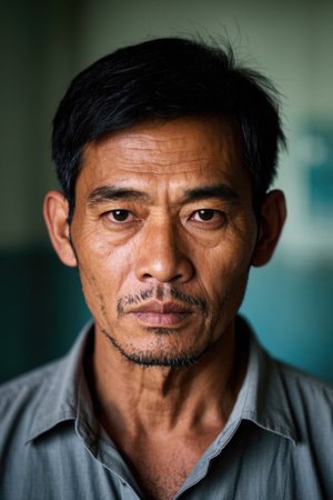 Close-up portrait of middle-aged Asian manの素材