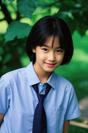 Girl smiling in blue school uniformの素材