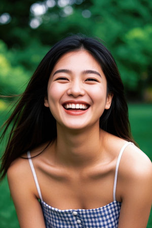 Happy smiling young Asian girl outdoor photoの素材