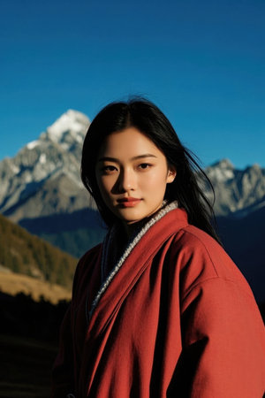 Red Woman Snow Mountain Background Photoの素材