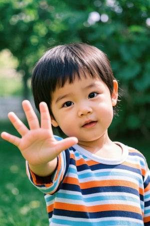 Cute baby playing outdoors with outstretched palmsの素材