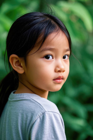 Cute girl looks back and stares outdoorsの素材