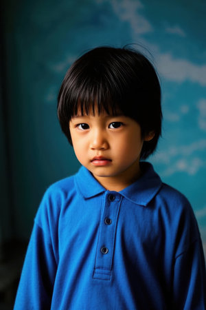Portrait of little Asian boy in blue shirtの素材
