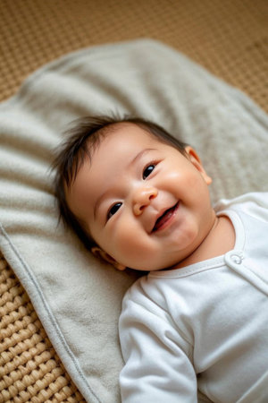Cute baby smiling on soft blanketの素材