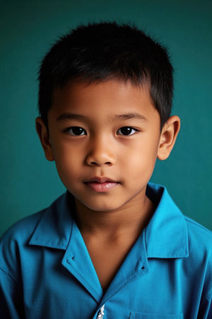 Portrait photo of Asian little boy wearing blue uniformの素材