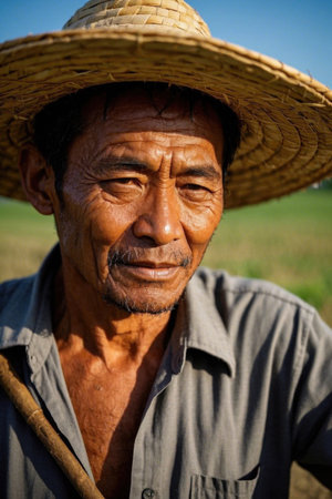 An elderly farmer wearing a conical hatの素材