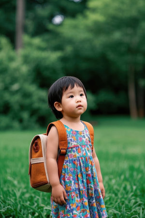 Cute girl playing on the grass with a small school bagの素材