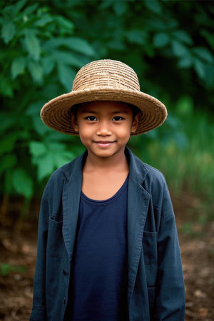 Smiling Asian boy in the countrysideの素材