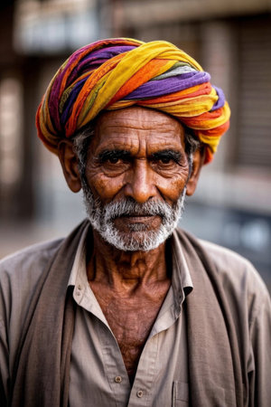 Portrait of an old Indian man with a weathered faceの素材