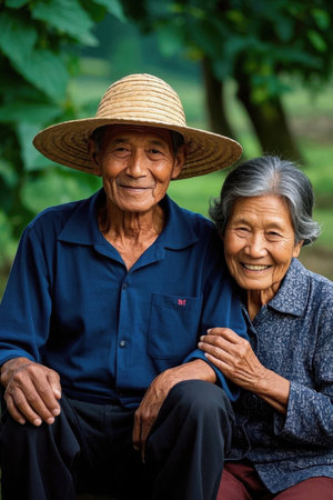 Happy elderly couple in pastoral sceneryの素材