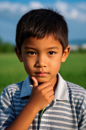 Portrait of a little boy thinking in the sunの素材