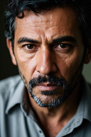 Close-up of a middle-aged man with melancholic eyesの素材