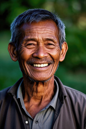 Outdoor photo of smiling elderly manの素材
