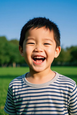 Boy laughing happily in the sunの素材