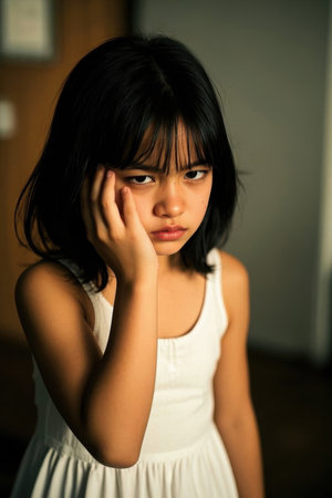 Close-up photo of a melancholic girl's profileの素材