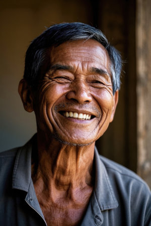 Portrait of an old man with a bright smileの素材