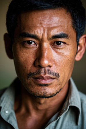 Close-up portrait of an Asian man gazing at the cameraの素材