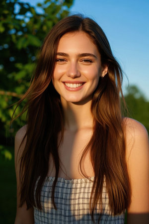 Girl with sweet smile in the sunの素材