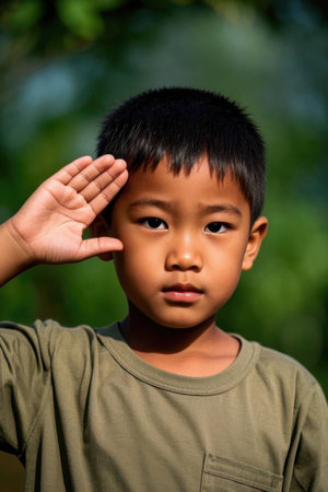 Little boy salutes, sunny outdoorsの素材