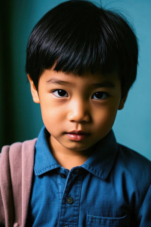 Blue Shirt Boy Gazing at the Lensの素材