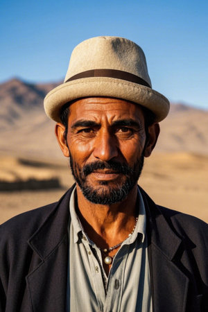 Portrait of a middle-aged man in a hat in the desertの素材