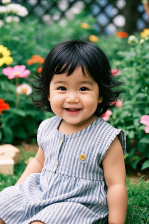Cute baby with a smile in the gardenの素材