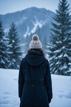 A woman standing in the winter snowの素材
