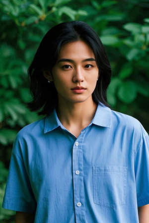 Blue Shirt Woman Outdoor Photo Green Leaf Backgroundの素材