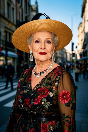 Elegant old woman street photo shoot fashion photoの素材