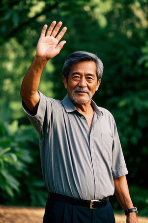 An elderly man waves goodbye in the parkの素材