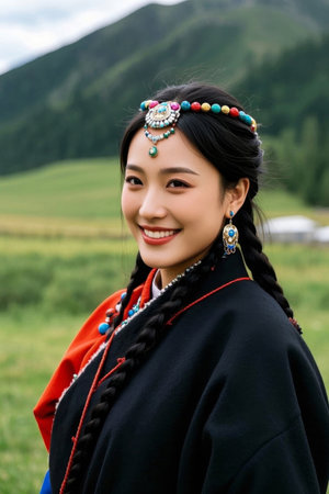 Beautiful woman grassland photo with sweet smileの素材