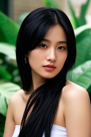 Portrait of a beautiful Asian woman against a backdrop of green leavesの素材