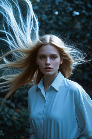 Long-haired woman's outdoor photo blue dress flowingの素材