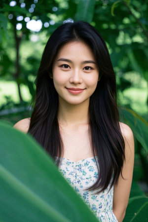 Sweet-smiling girl in the green leavesの素材