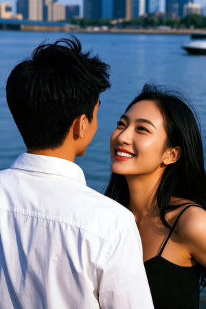 Sweet couple snuggles by the river in the sunshineの素材