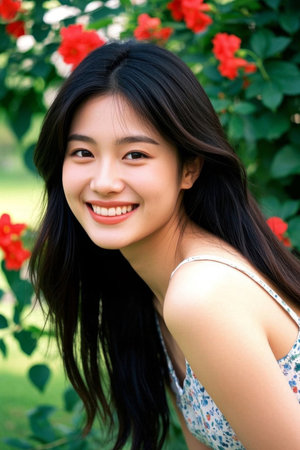 The girl with a sweet smile against the backdrop of red flowers and green leavesの素材