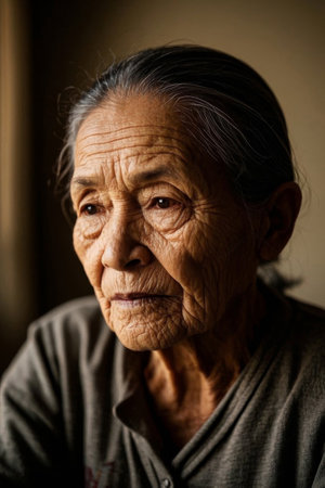 Portrait of a weathered elderly womanの素材