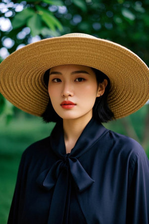 Fashionable woman in black and straw hatの素材
