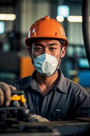 Factory workers wear masks and work hardの素材