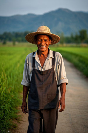 Smiling farmers walking on the ridges of the fieldsの素材