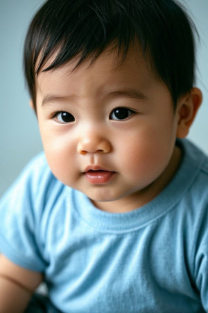 Cute baby in blue Close upの素材
