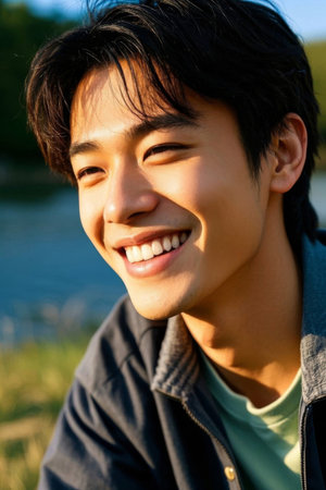 Asian youth with bright smiles in the sunの素材