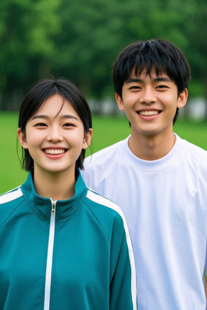 Youth campus couple with bright smiles for outdoor photoの素材