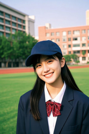 The young and beautiful school uniform girl has a bright smileの素材