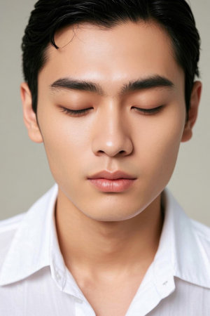 Portrait of a handsome young man with closed eyesの素材