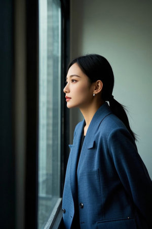 The silhouette woman gazed at the scenery outside the windowの素材