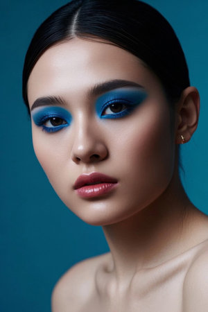 Blue Eyeshadow Makeup Asian Women Close-upの素材