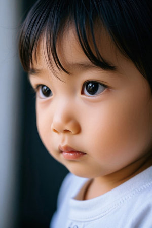 Close-up of cute baby gazing at distant profile pictureの素材