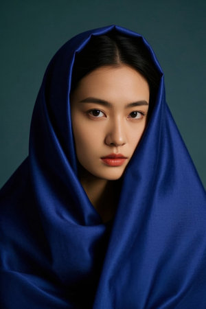 Portrait of a mysterious blue silk-wrapped womanの素材